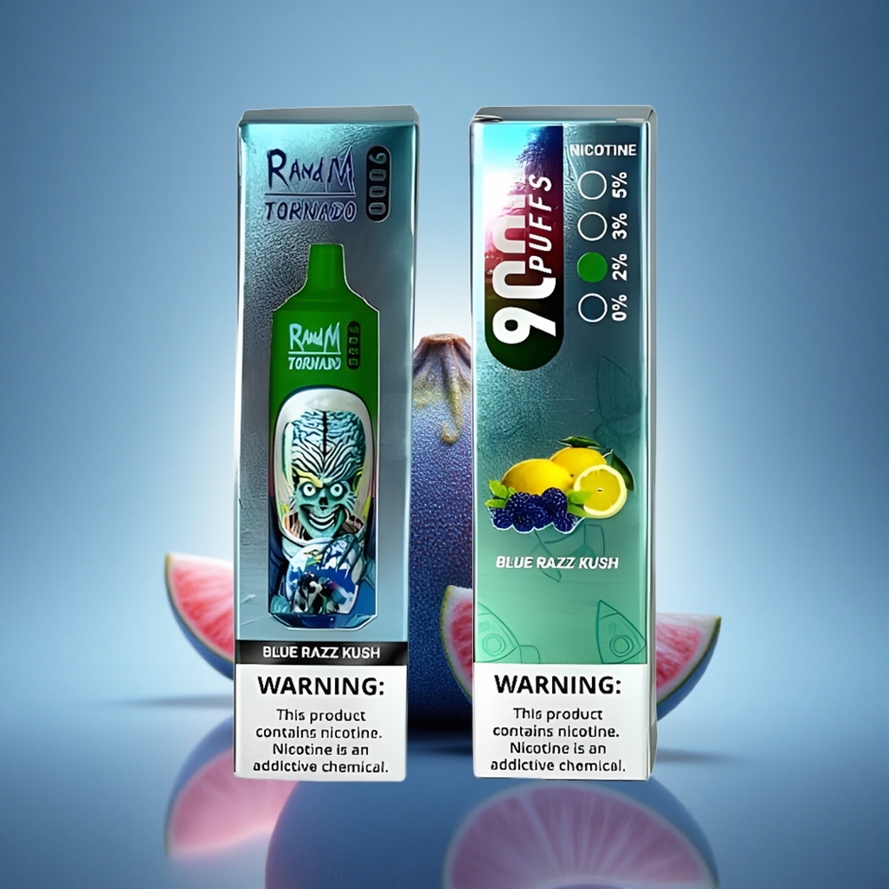 RandM Fumot Tornado 9000 Puffs Bleu Framboise Kush avec 850 mAh et 18 mL