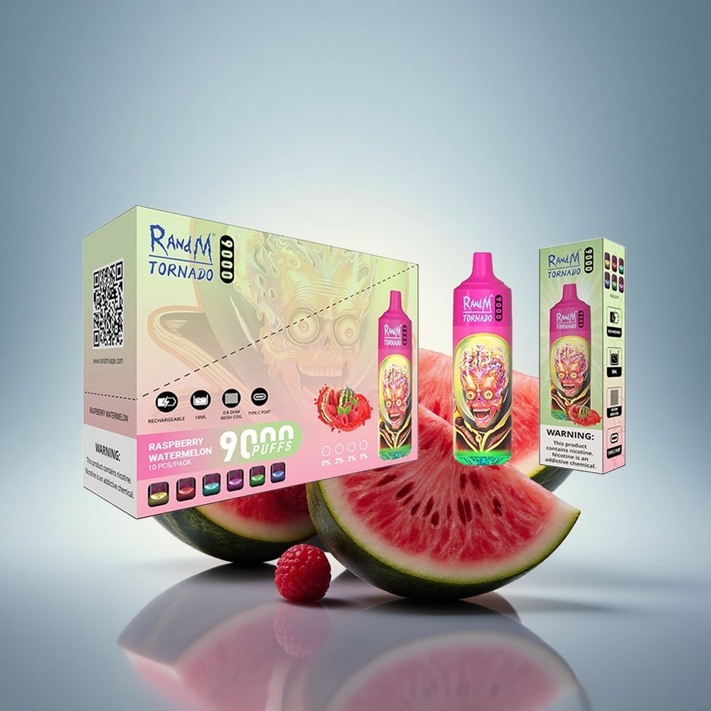 RandM Fumot Tornado 9000 Puffs Framboise Pastèque Rechargeable 850 mAh et Mesh Coil