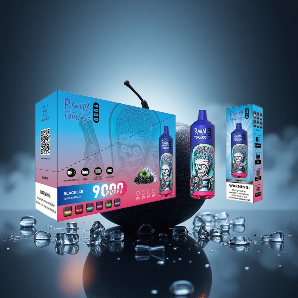 RandM Fumot Tornado 9000 Puffs Glace Noire Rechargeable 850 mAh - 18 mL Mesh Coil