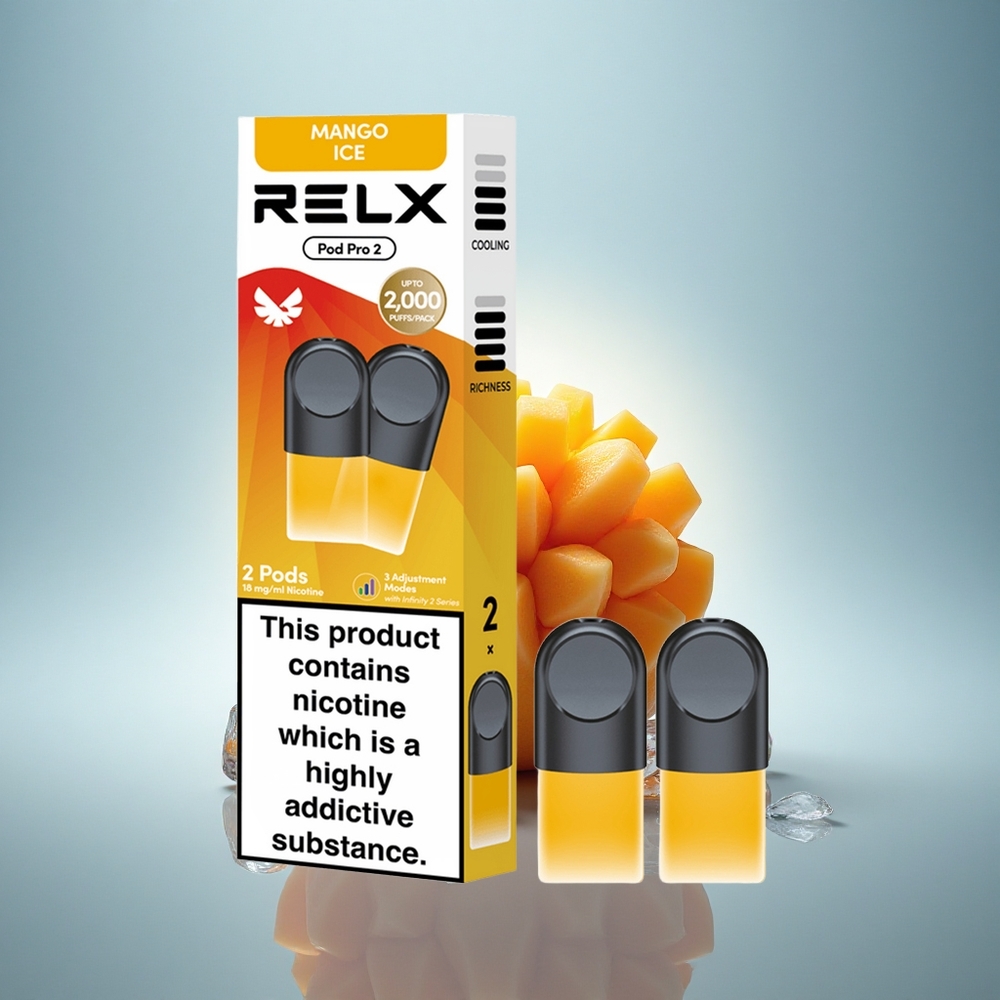 Relx Pod Pro 2 Vape Device Glace à la Mangue 18mg/ml Nicotine - 1.9ml - 3 Modes (5.5W/6.5W/8W) - 2 ou 3 Pods/Paquet